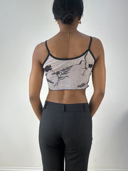💻‼️ small sheer grey and black crop top with floral detail