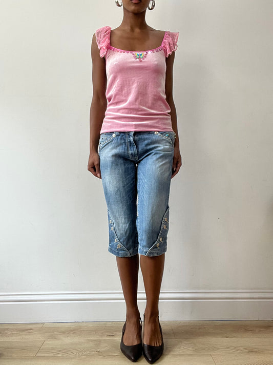 vintage edit thirty-one | medium blue denim cropped capri trousers