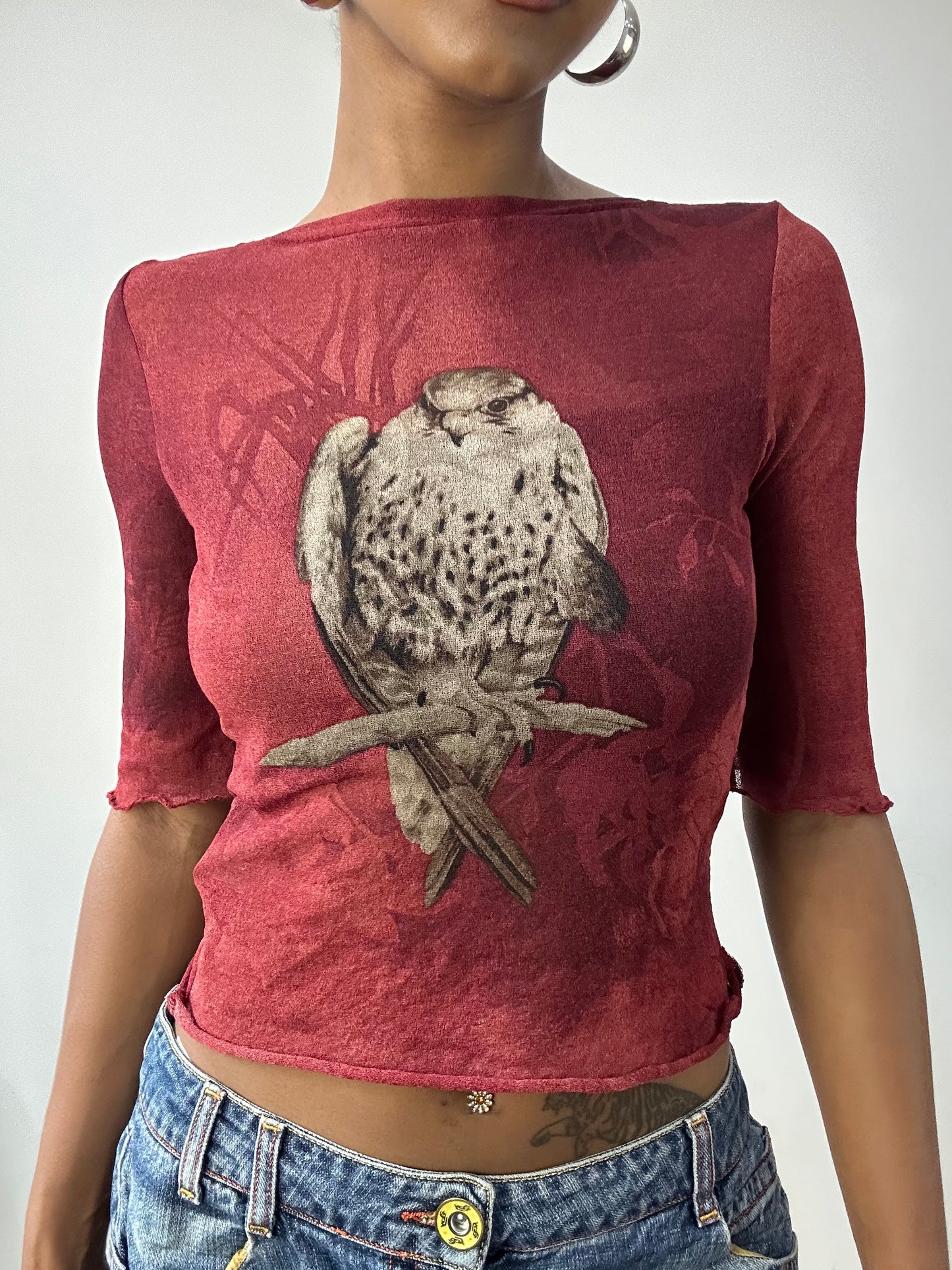 vintage edit thirty-two | small burgundy red mesh overlay top with bird graphic