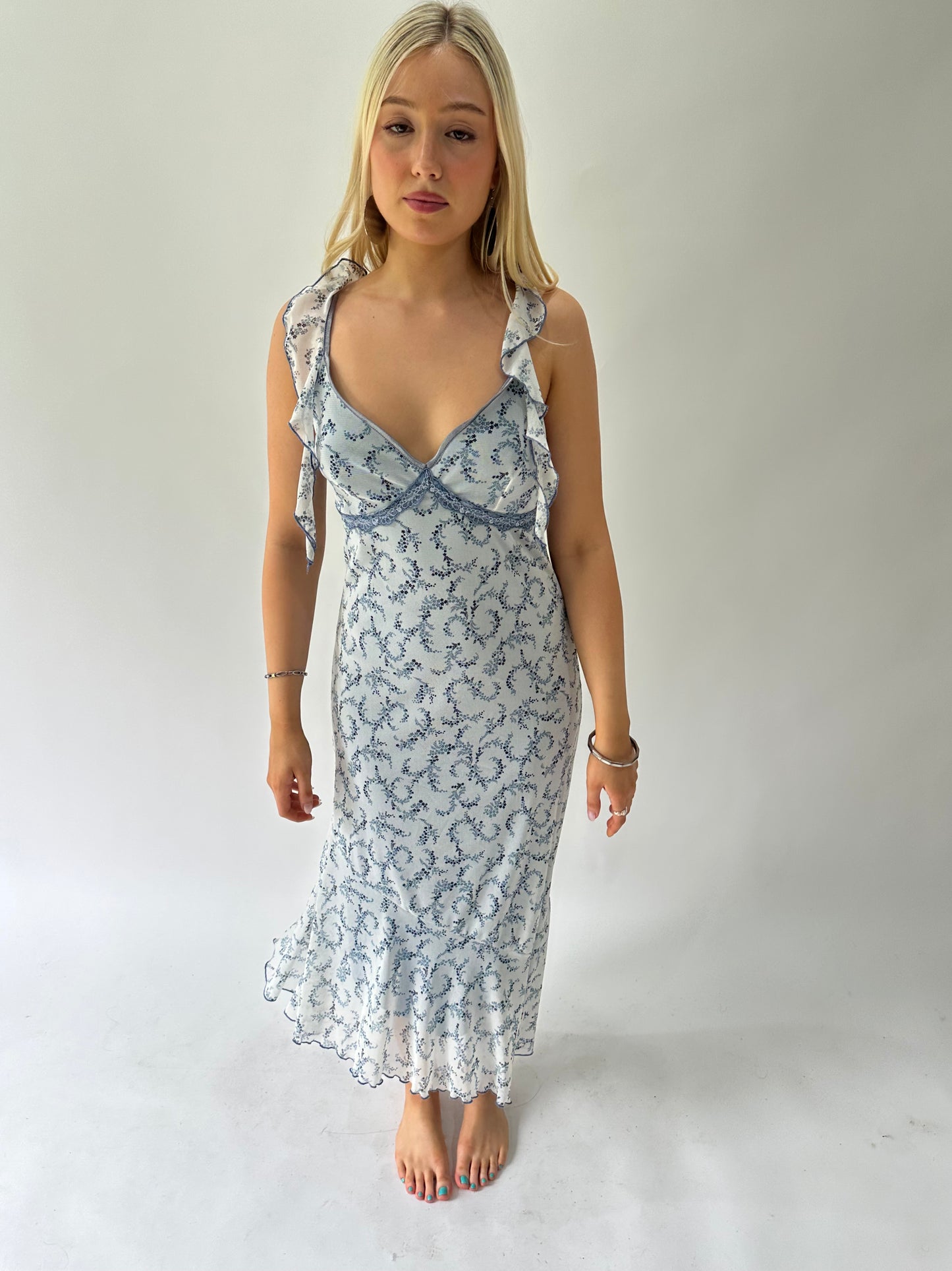 sailor drop | small blue paisley print mesh overlay maxi dress