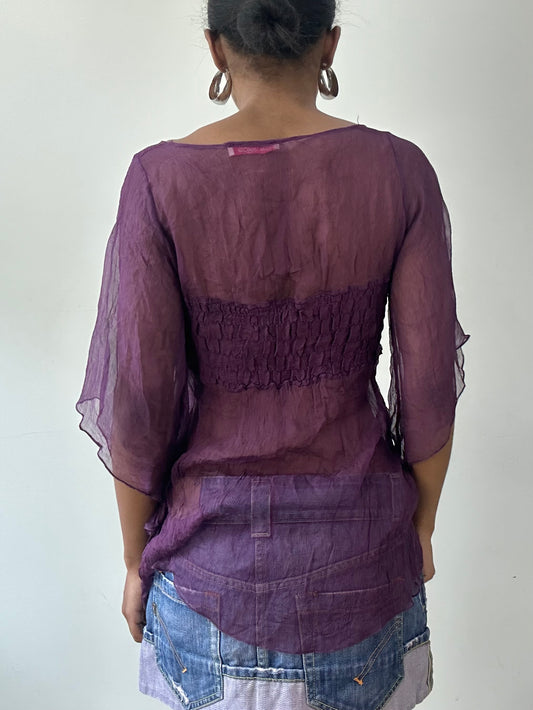 vintage edit thirty-one | small purple sheer 3/4 sleeve top