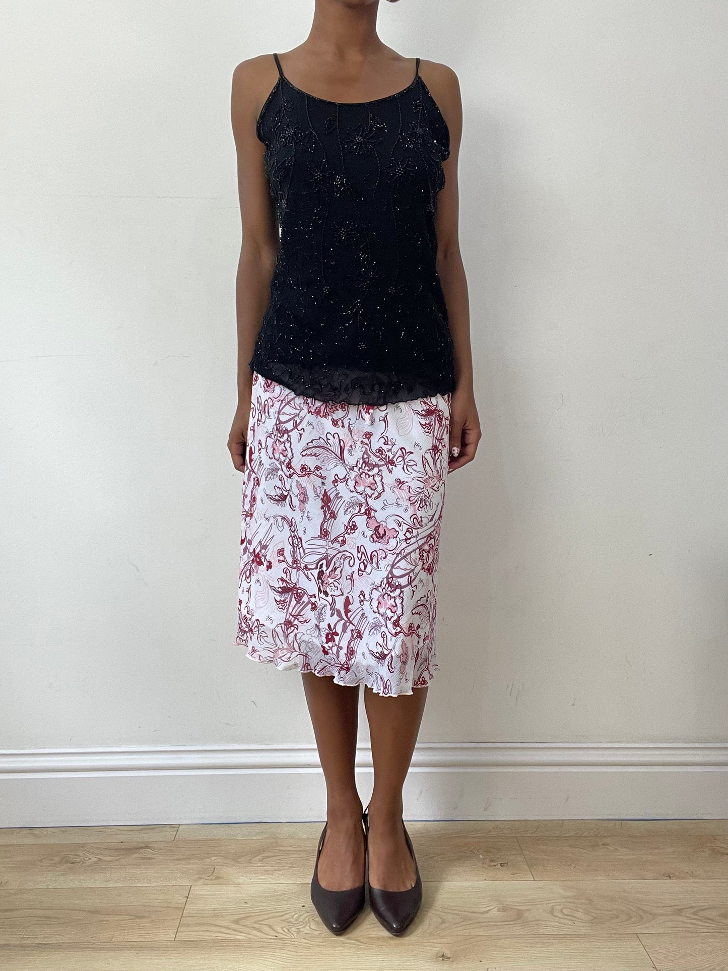 vintage edit twenty-seven | extra small white and pink floral midi skirt