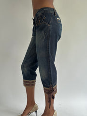 euro trash | medium blue denim capris with tie cuffs