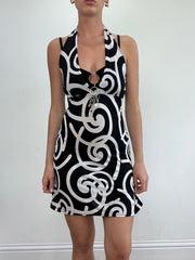 💻💚vintage edit twenty-two | small black and white halterneck dress with swirl print
