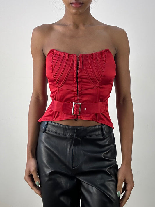 MOB WIFE DROP | small red silky strapless corset top with buckle