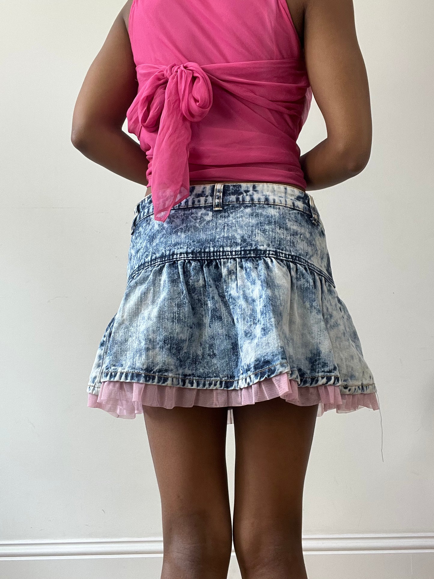 vintage edit thirty-one | medium blue denim mini skirt with pink tulle hem