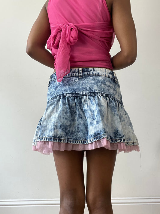 vintage edit thirty-one | medium blue denim mini skirt with pink tulle hem