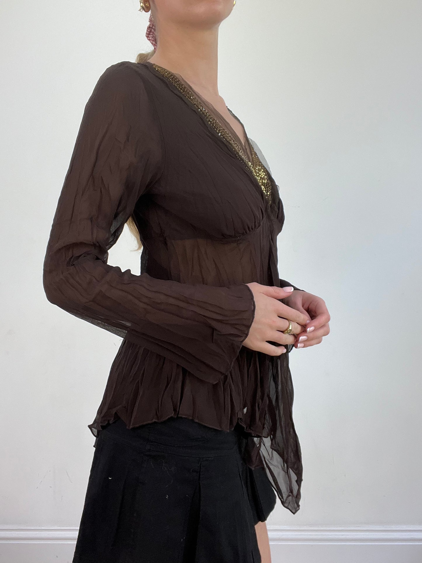 BEST PICKS | medium brown sheer long sleeve beaded top
