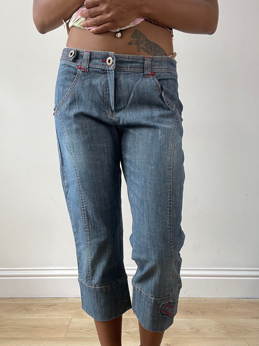 vintage edit twenty-five | medium blue cropped jeans with red rhinestone details