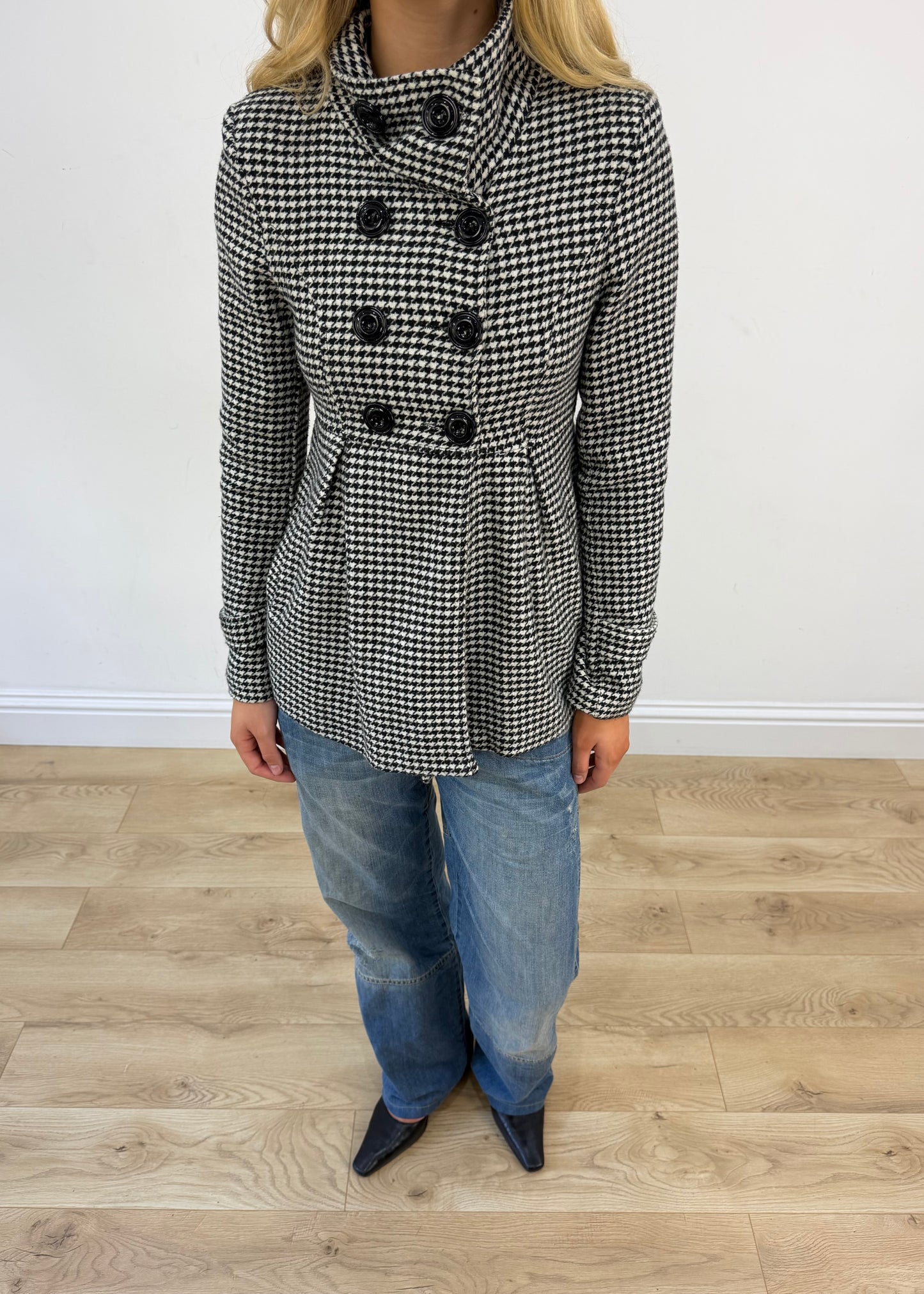 small black and white houndstooth pea coat jacket