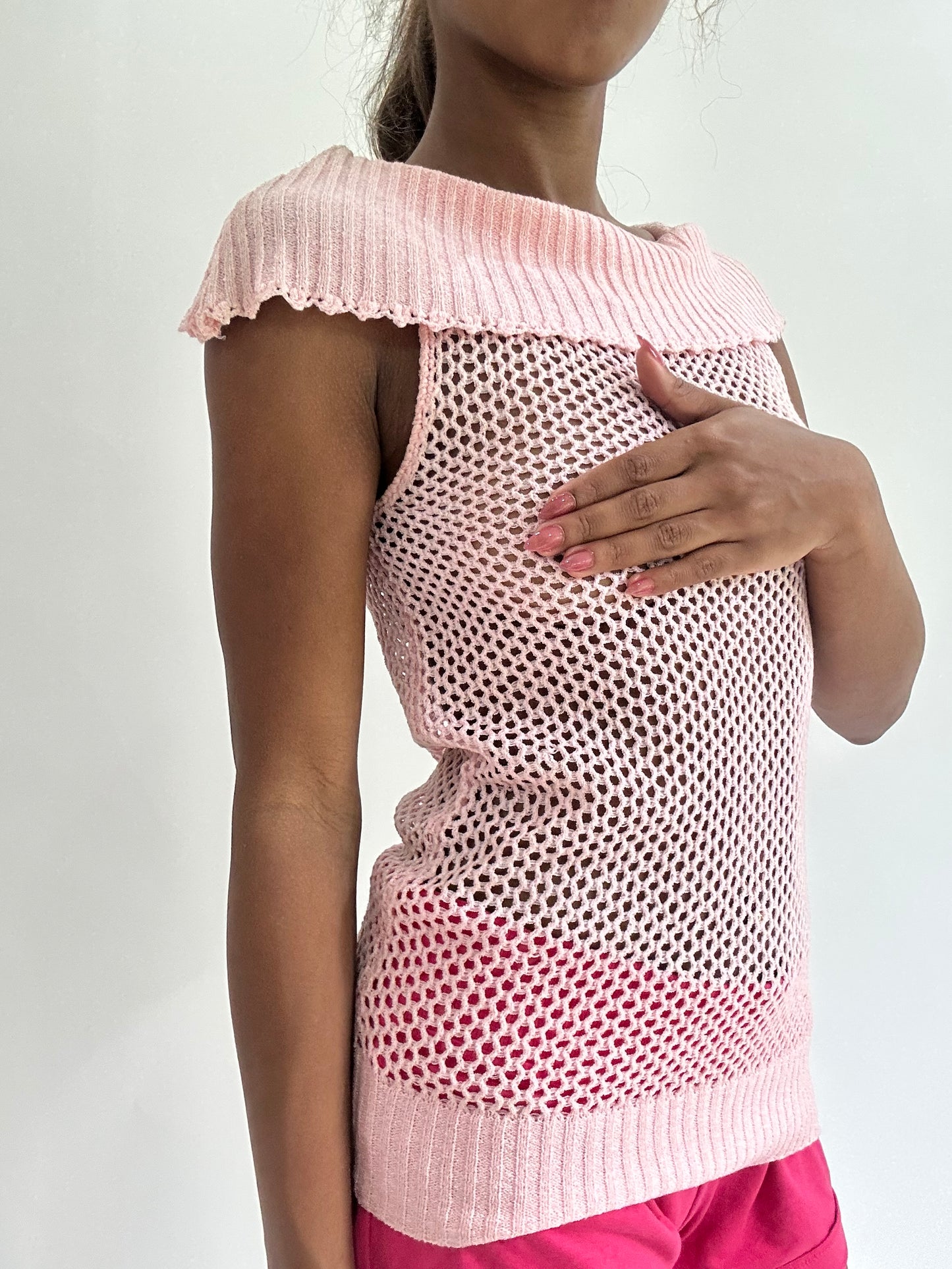 colourmaxxing drop | small pink crochet knit off the shoulder top