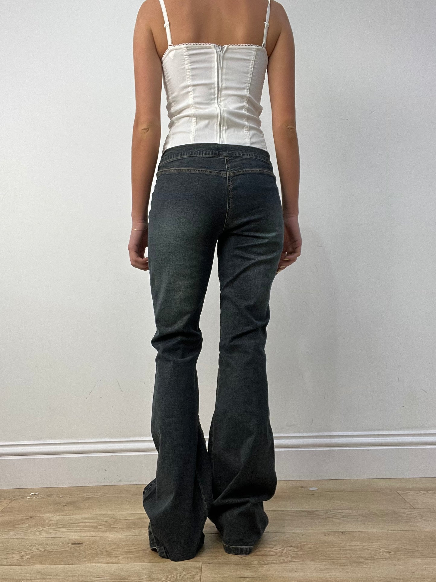 vintage edit twelve |  medium dark wash ruched bootcut jeans