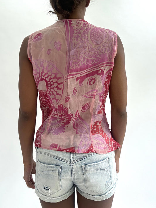 💚zara larsson drop | small pink mesh overlay patterned top