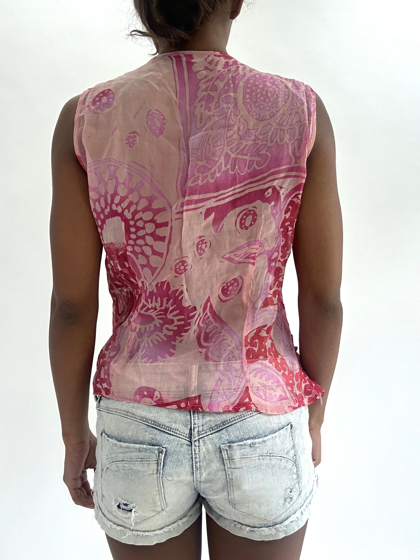 zara larsson drop | small pink mesh overlay patterned top