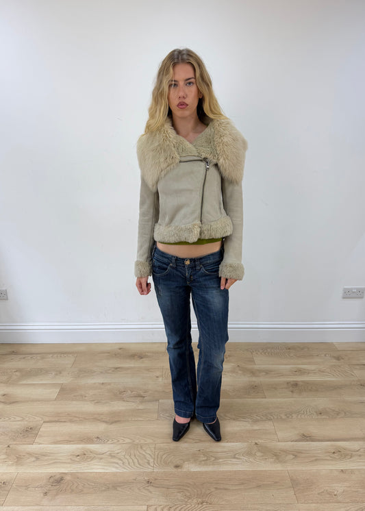 extra small cream suede zip up jacket with faux fur trim