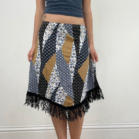 💻‼️ small blue and brown asymmetric midi skirt with patchwork print and tassel trim