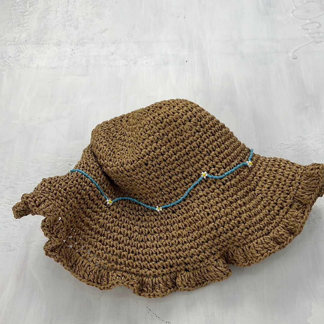 COACHELLA DROP | beige woven sun hat with blue bead detail