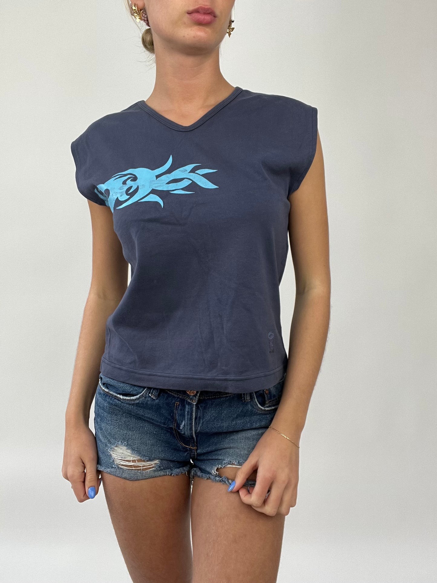 COCONUT GIRL DROP | medium navy tank top with blue flame print