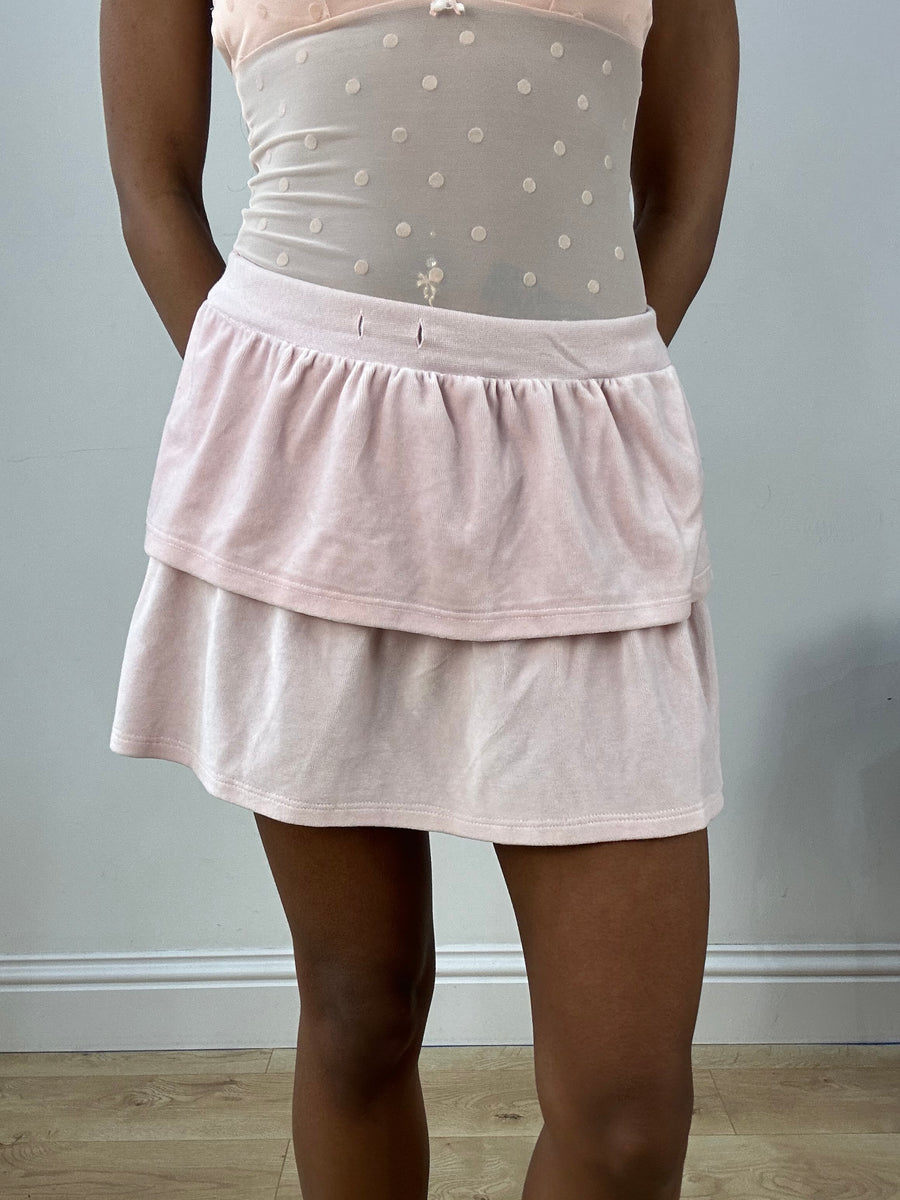 BEST PICKS | small pink ruffle mini skirt with gold embroidered bow
