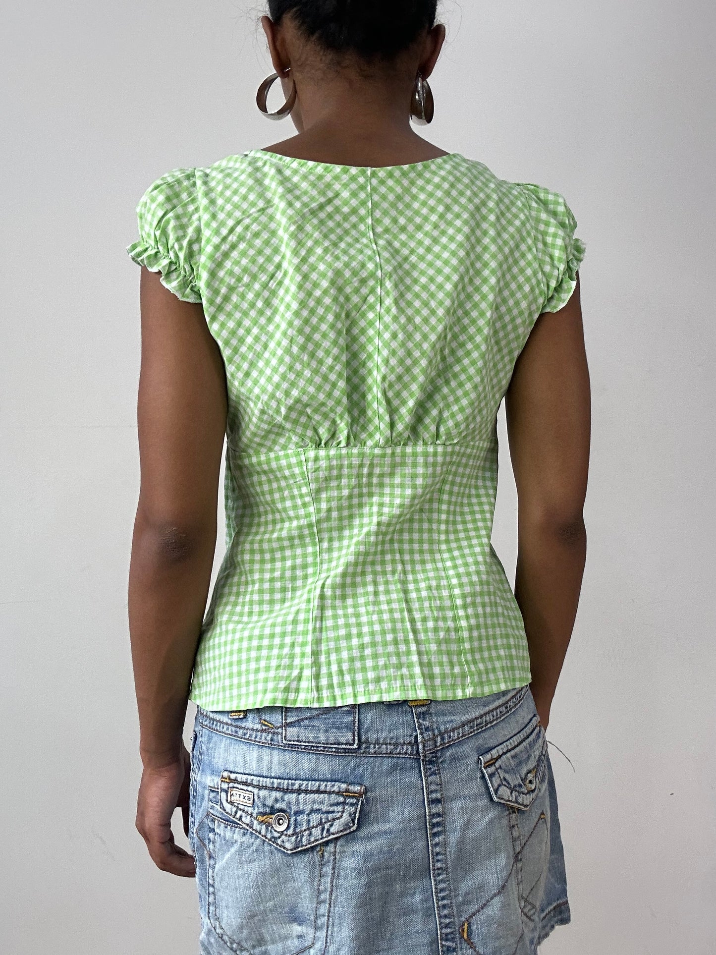 vintage edit twenty-six | small green and white milkmaid style top with gingham print