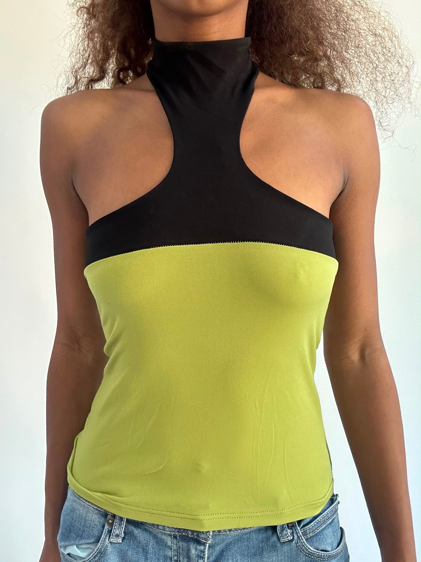 ‼️ | small green high neck top with black panel detail