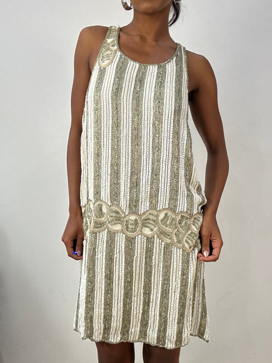 vintage edit: halloween | small white and green beaded midi dress