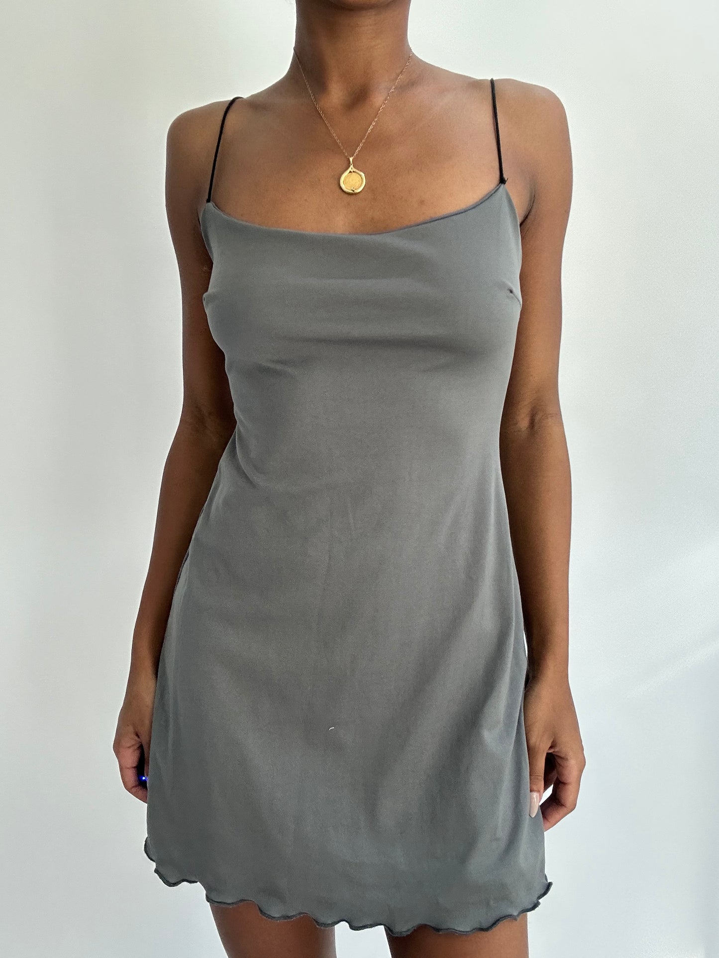 SATC drop | small grey reversible mini dress with mesh overlay