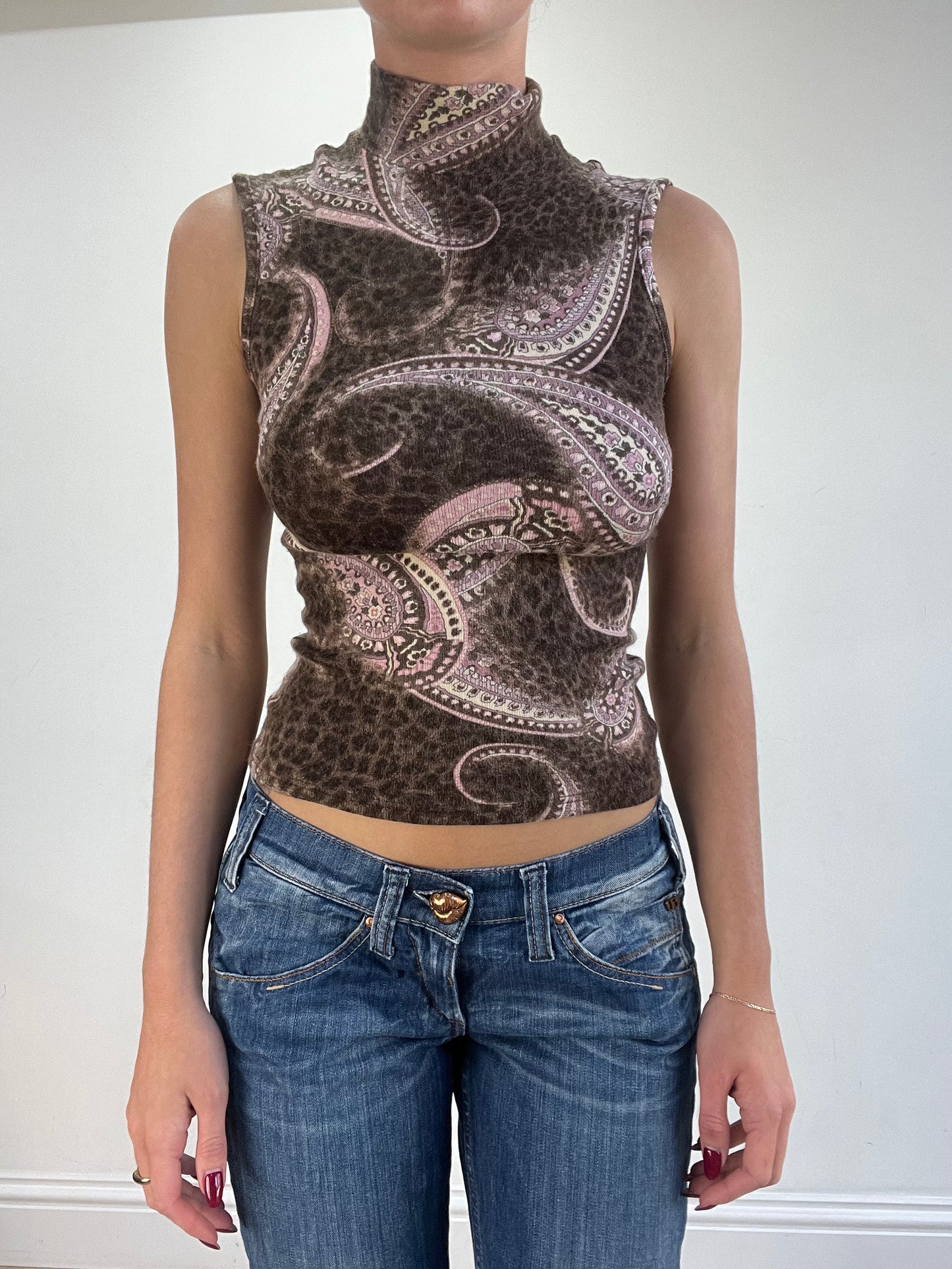 vintage edit sixteen | small brown and pink paisley print high neck top