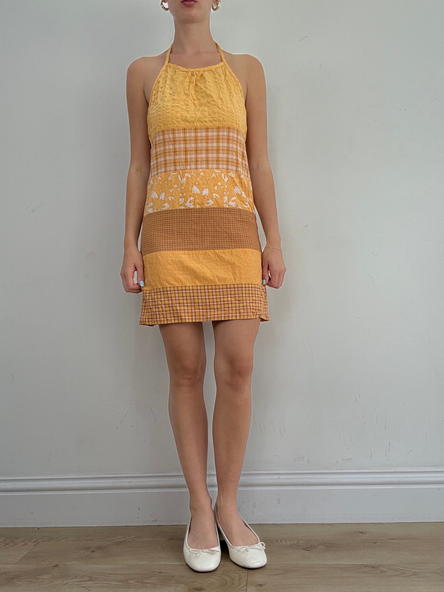 vintage edit twenty eight | extra small orange halterneck dress with panel prints