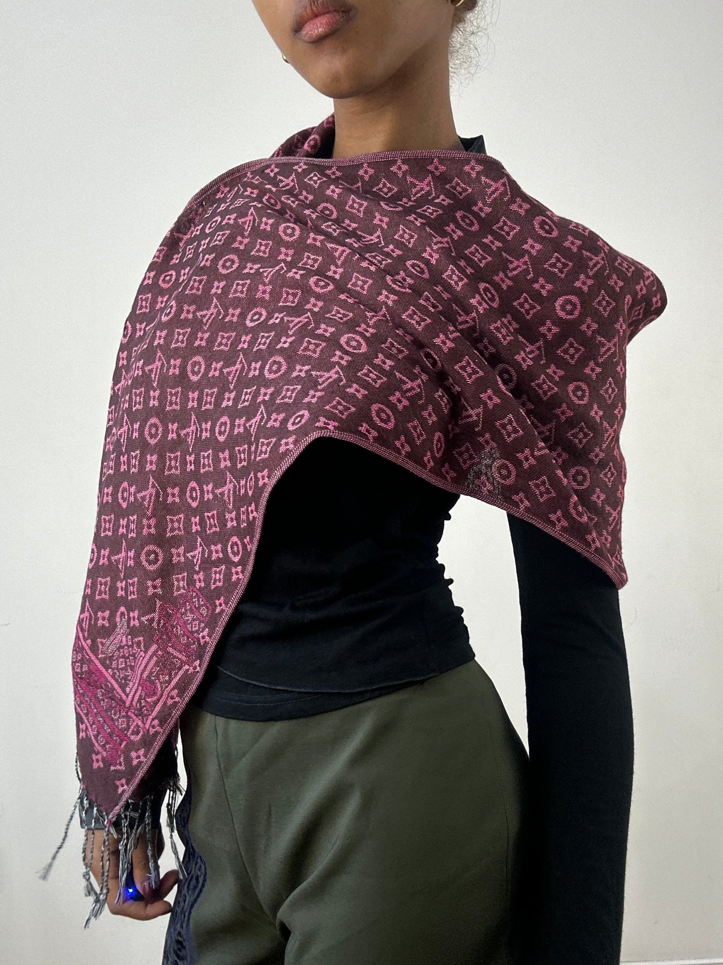 winter edit | pink and brown louis vuitton tassel scarf with monogram print