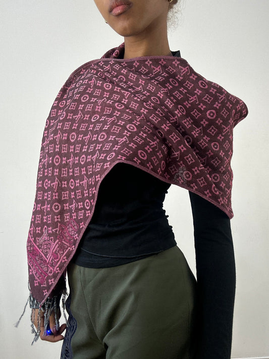 winter edit | pink and brown louis vuitton tassel scarf with monogram print