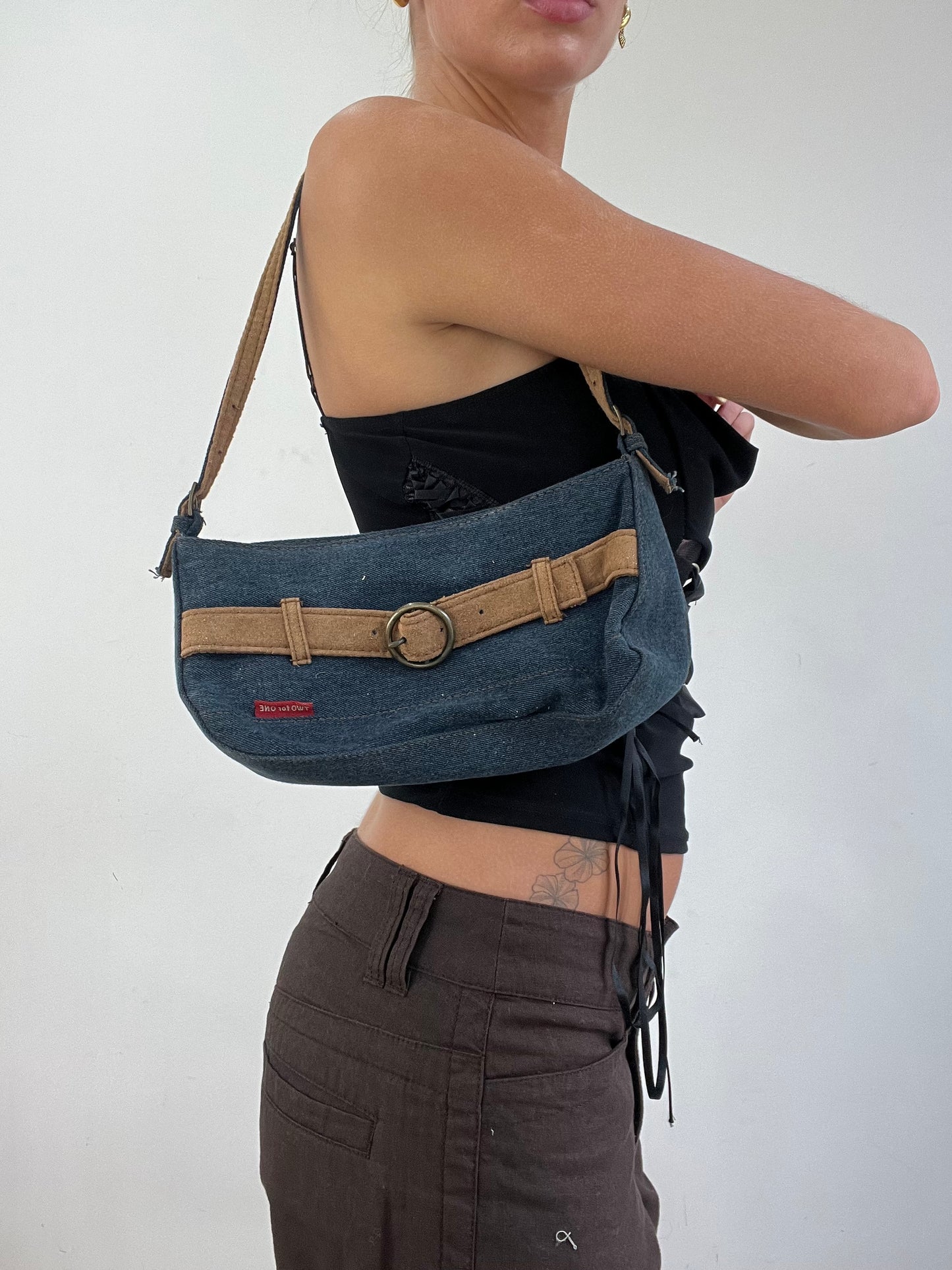 vintage edit eleven | blue denim and beige shoulder bag