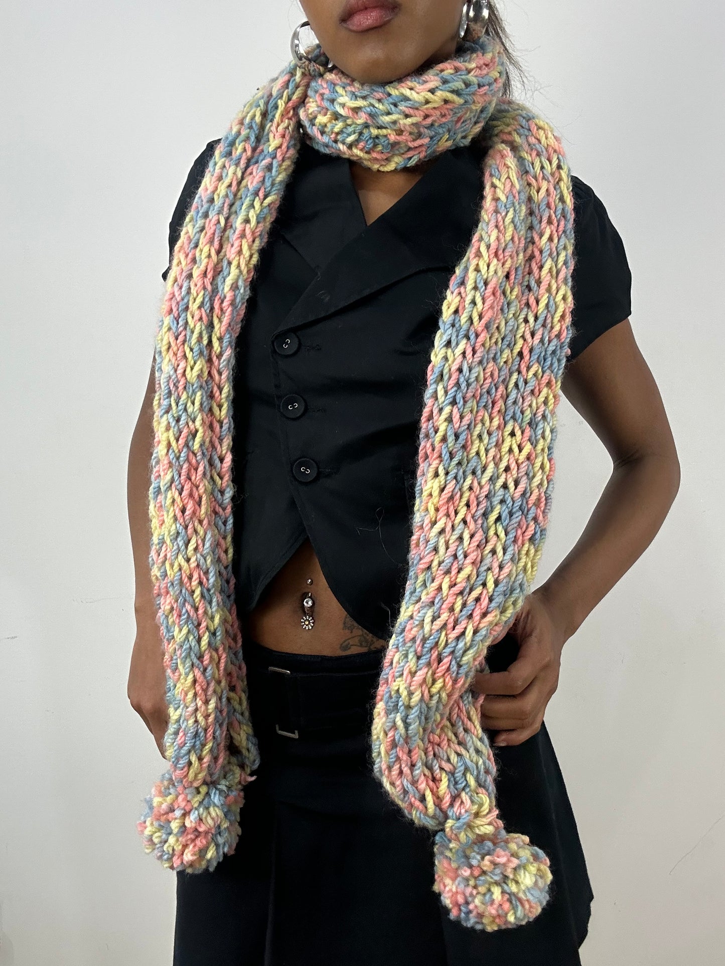 BEST PICKS | pink multicolour knit scarf with pom pom detail