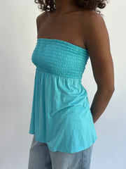 beach drop | taille: S/M · couleur: bleu · article: haut bandeau · détails: froncé