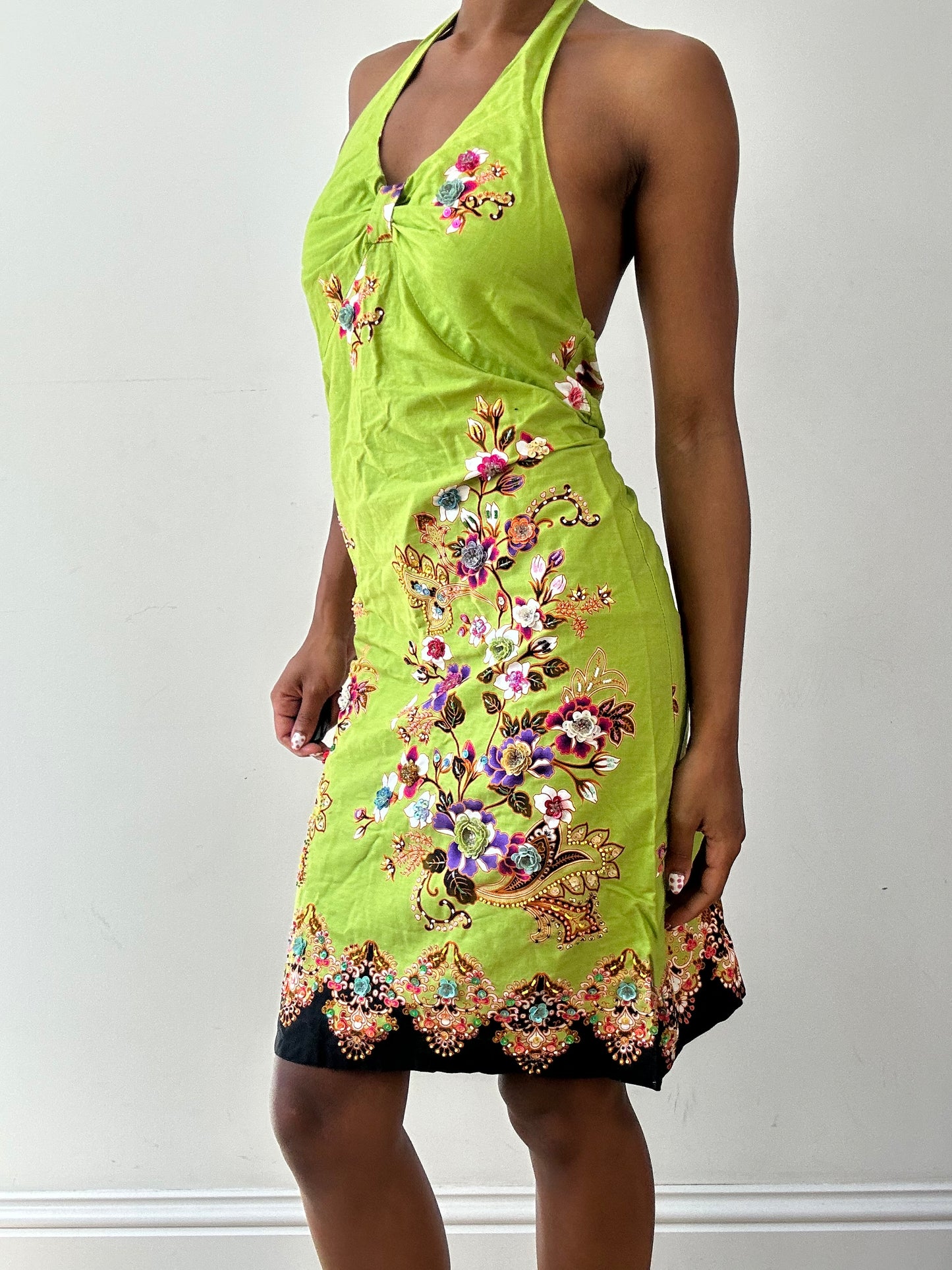 vintage edit twenty-seven | small green halterneck dress with floral sequin patterns and 3d details