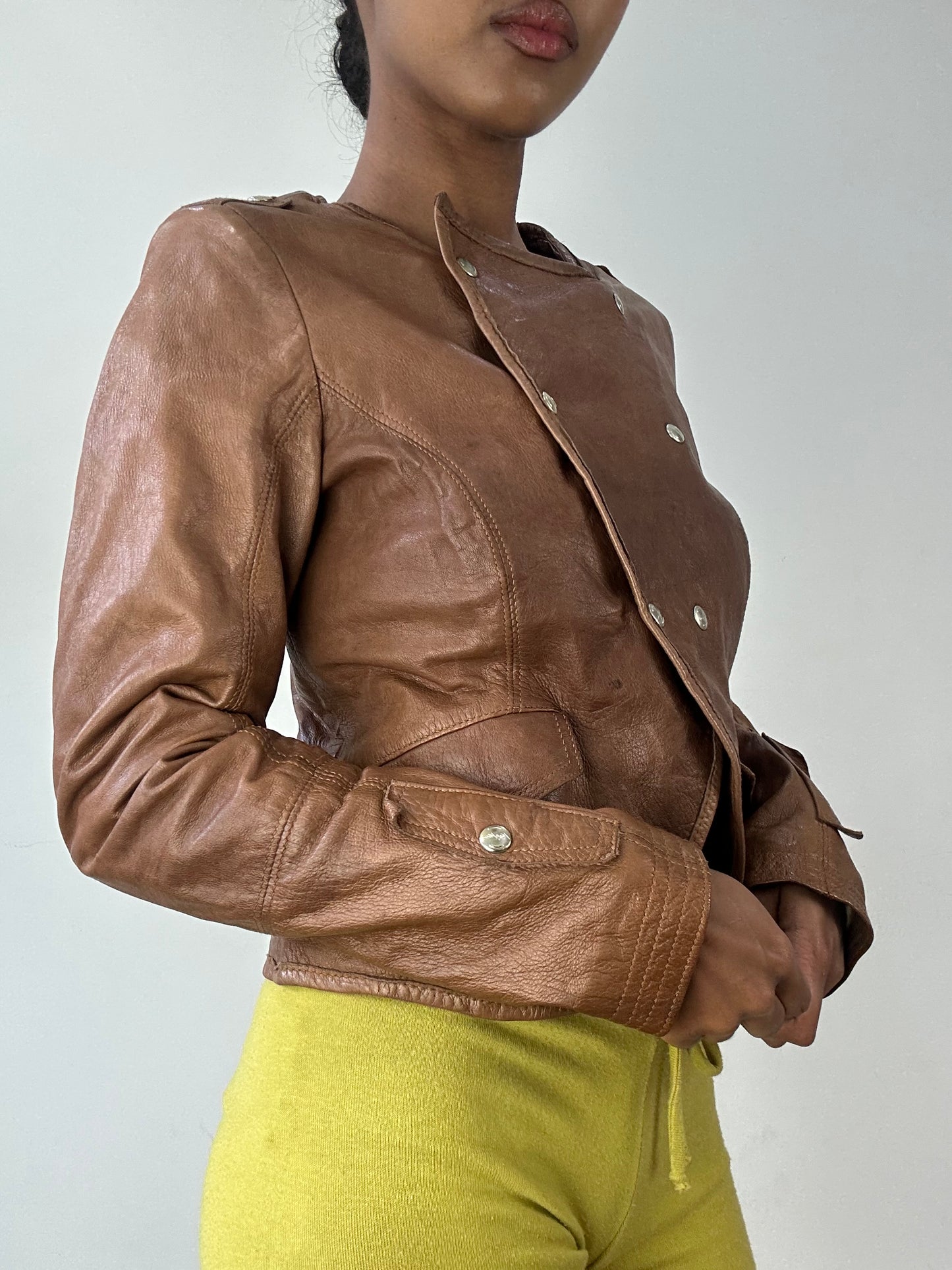 vintage edit twenty-nine | small brown leather jacket with gold button detail