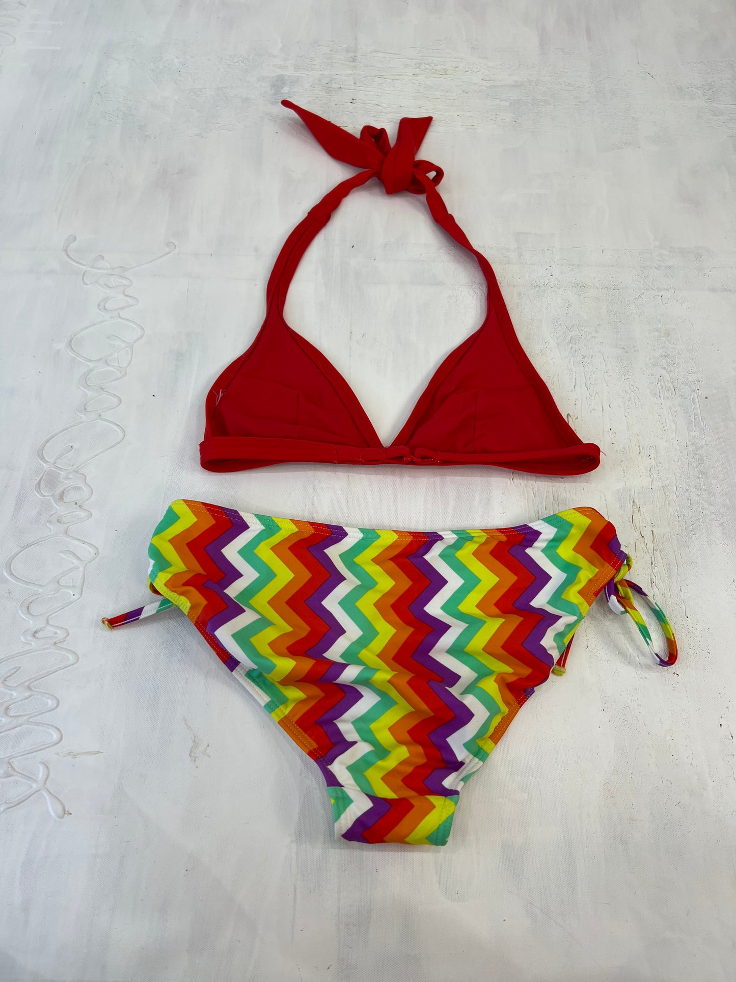 summer edit | small red and green bikini set with zigzag print