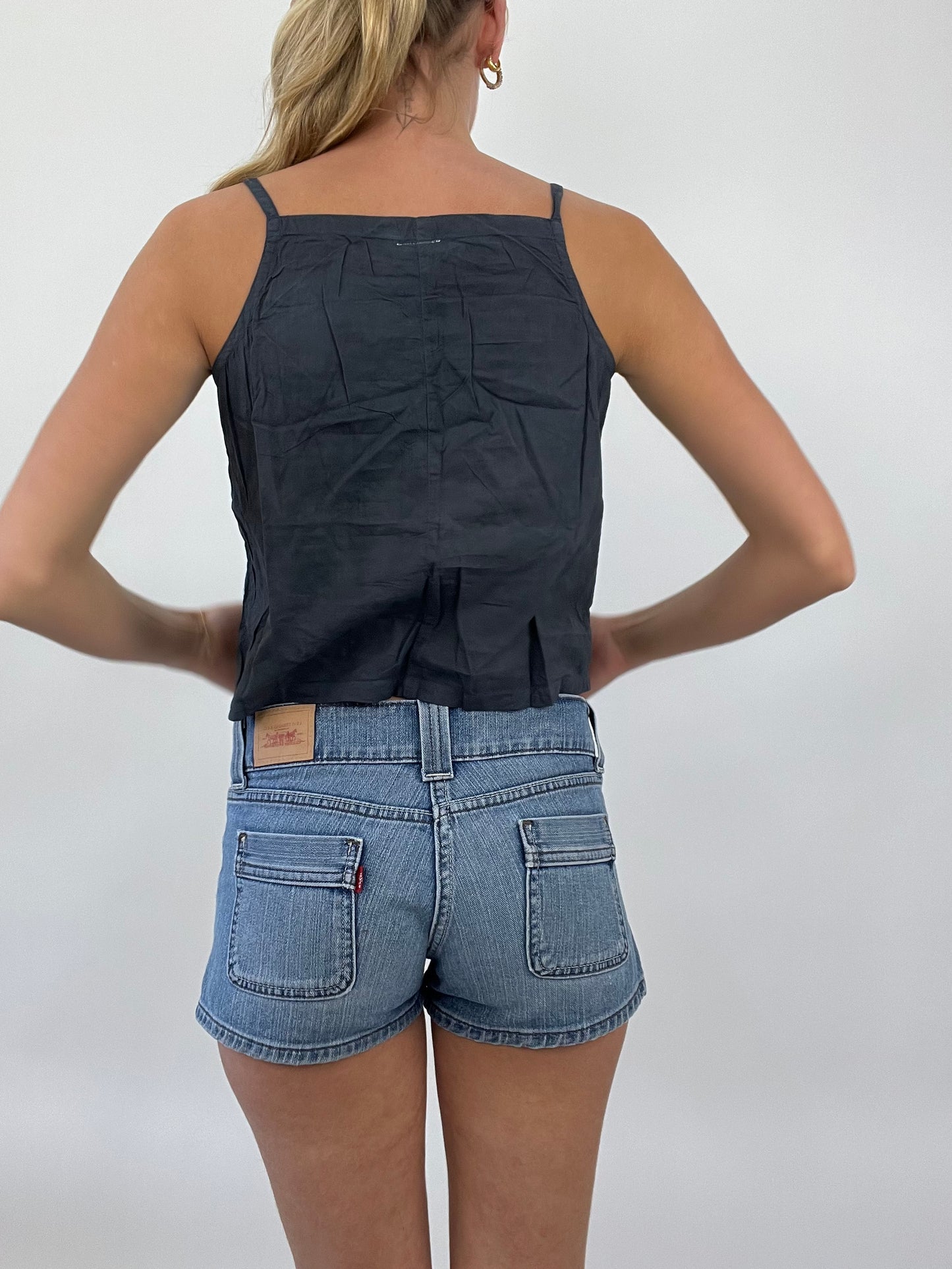 COASTAL COWGIRL DROP | small blue linen top with embroidery detail