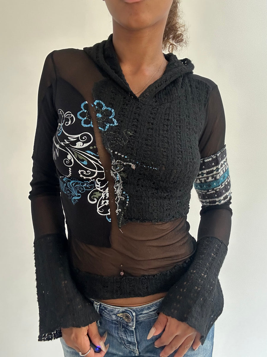 BEST PICKS | extra small black knit and mesh hooded top