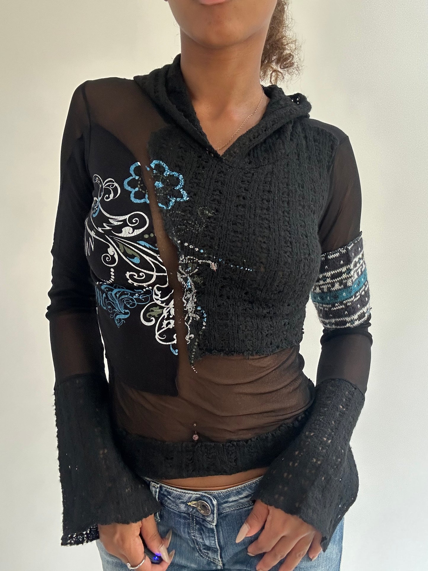 BEST PICKS | extra small black knit and mesh hooded top