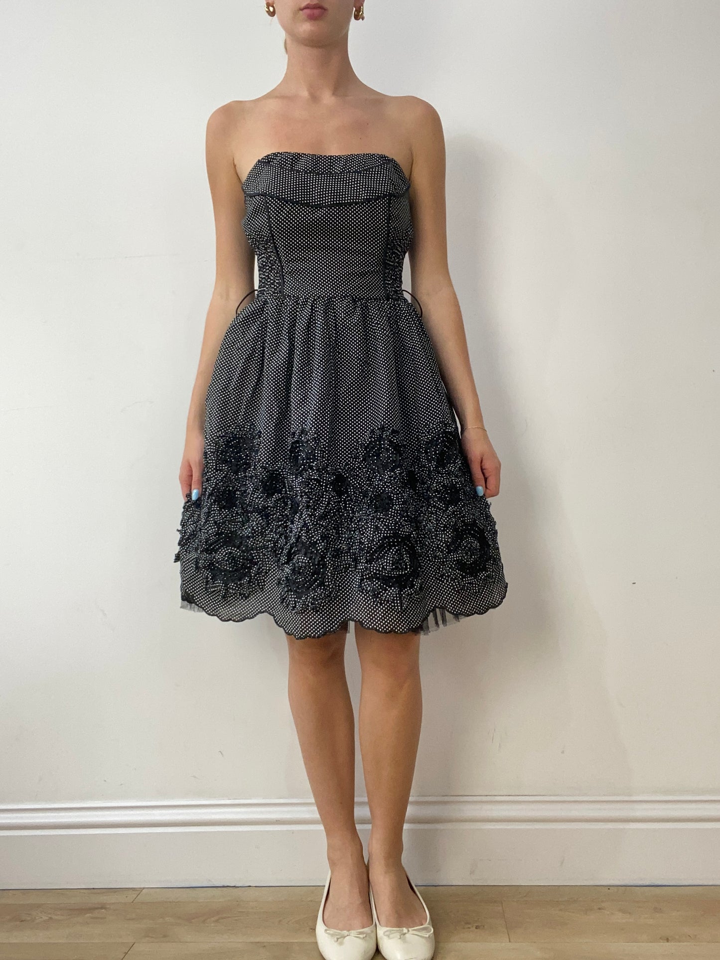 vintage edit thirty | small navy bandeau dress with polka dot print