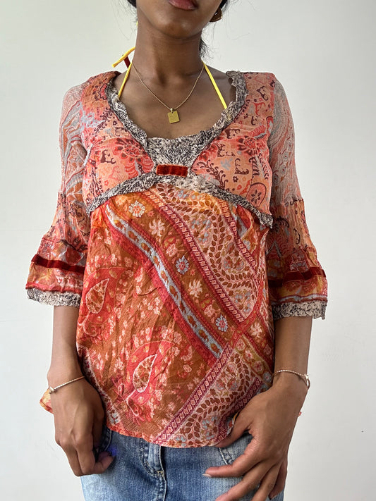 vintage edit twenty-one | small orange sheer 3/4 sleeve patterned top