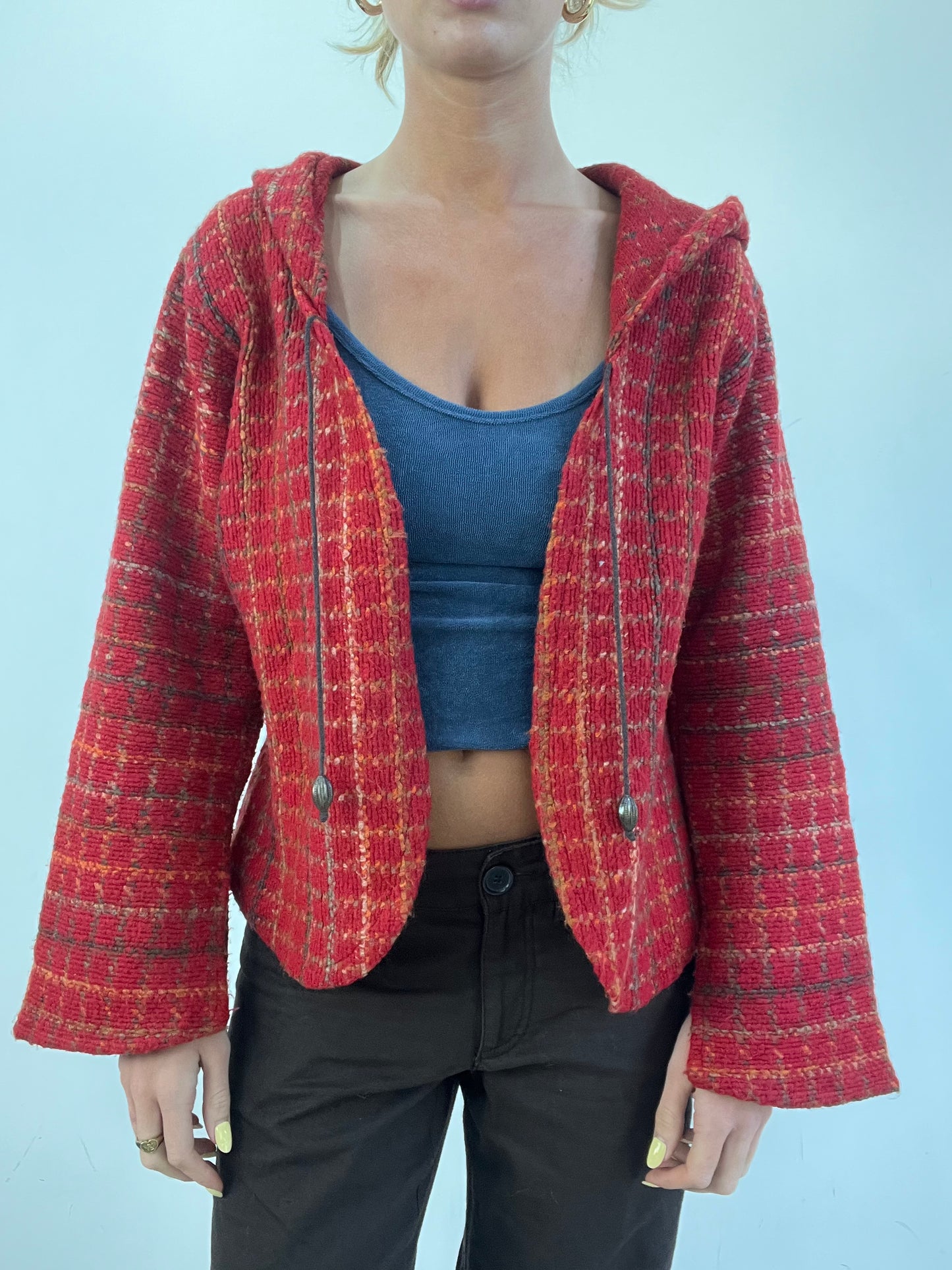 vintage edit eleven | medium red knitted checkered gingham hooded jumper