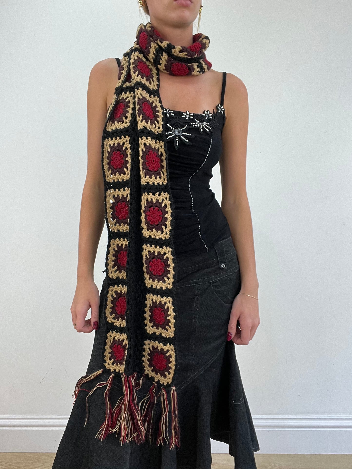 vintage edit thirteen | red and beige floral crochet patchwork scarf
