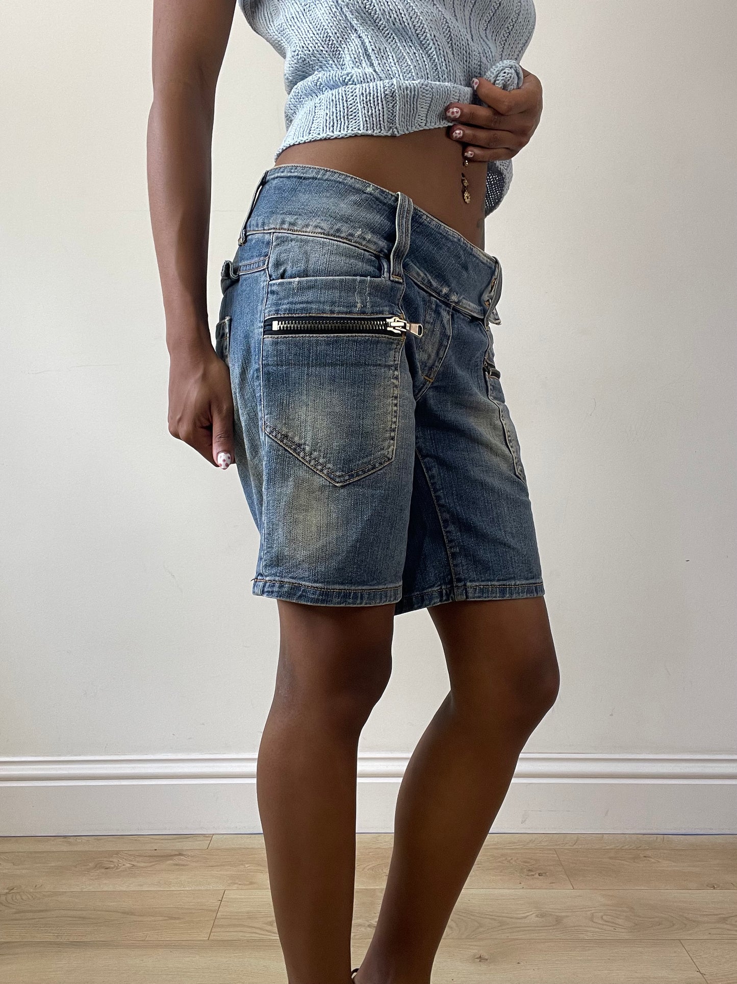 vintage edit twenty-seven | medium blue denim belted shorts with zip details