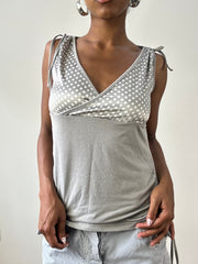 💻💚vintage edit twenty-nine | small grey top with ruched sides and polka dot print