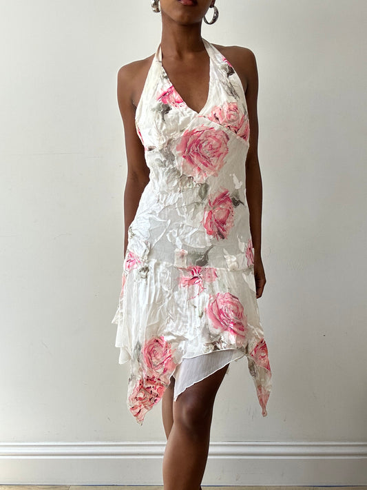 vintage edit twenty-seven | taille: S · couleur: blanc · matière: soie · article: robe · détails: asymétrique + encolure dos-nu + fleuri + motif