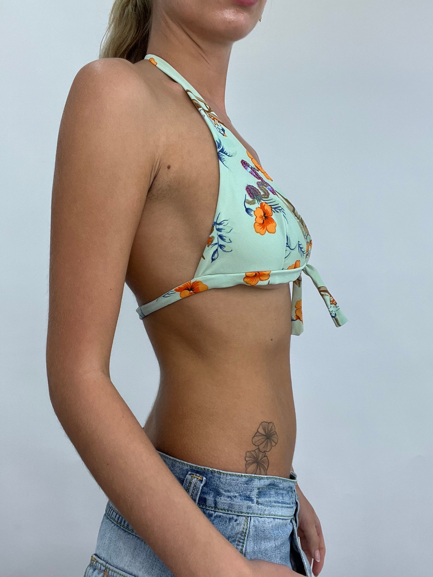 FESTIVAL DROP | blue ‘aloha’ sequin bikini top - small
