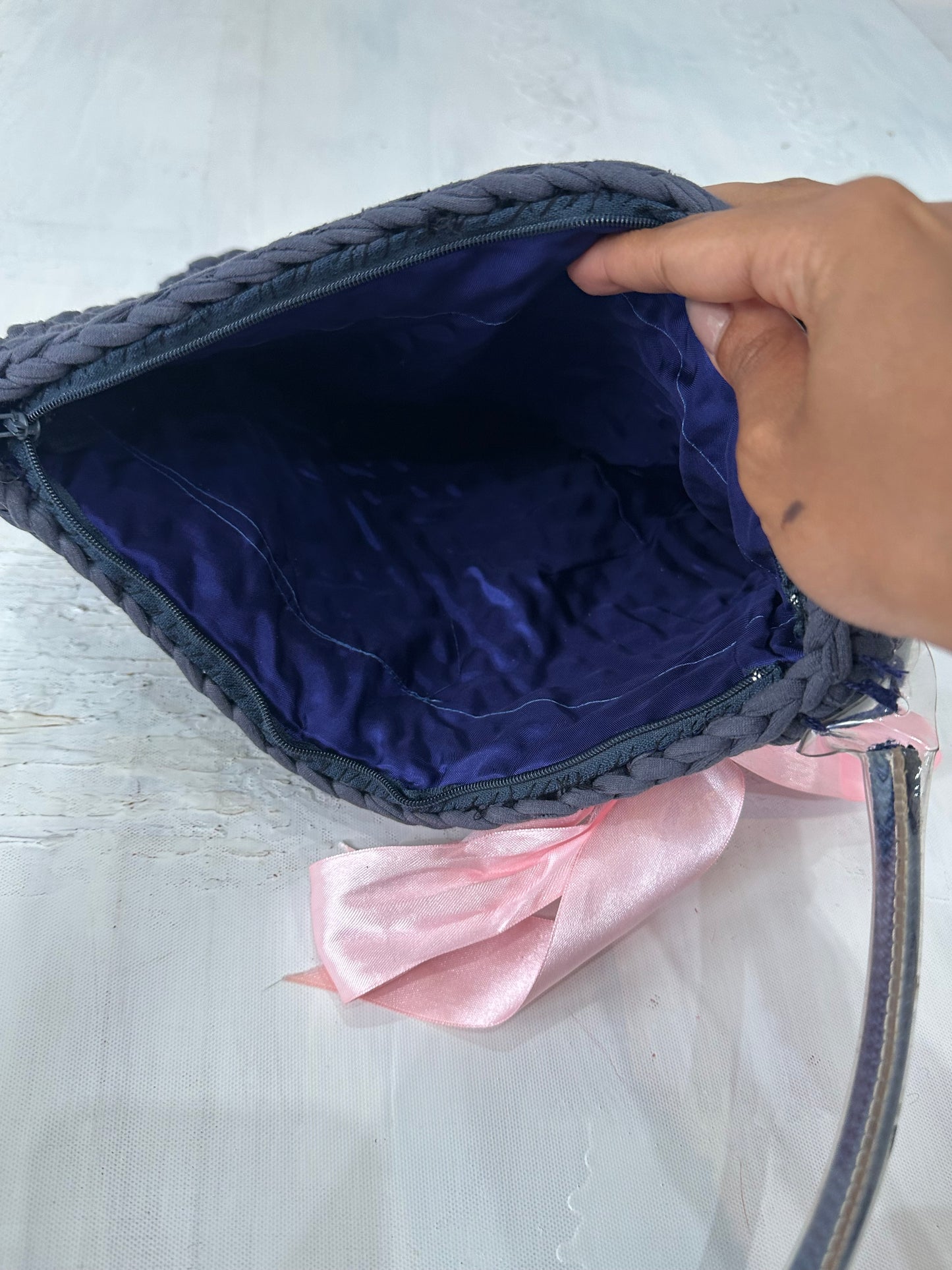 vintage edit: halloween | blue crochet shoulder bag with pink ribbon detail