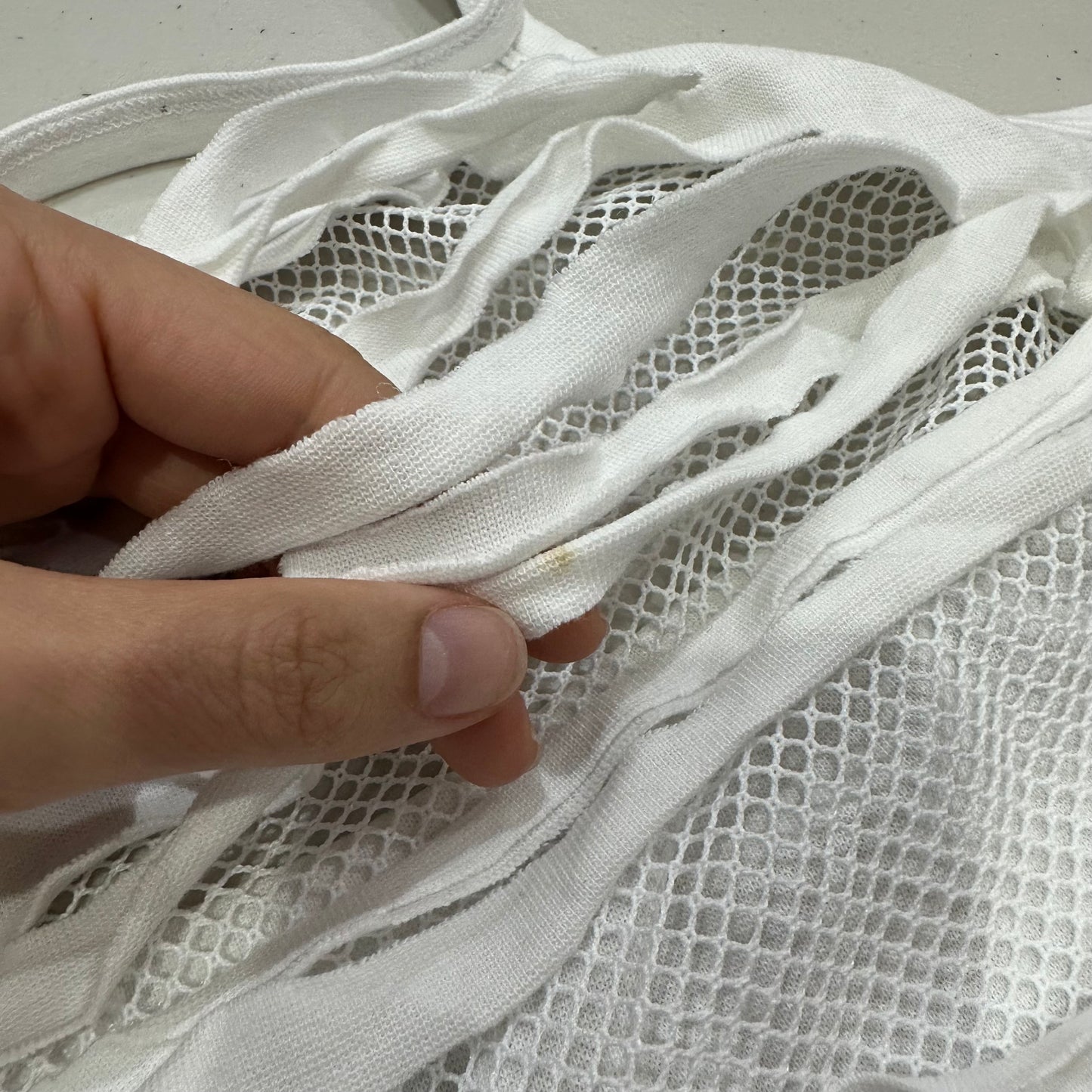 AMELIA GRAY DROP | small white fishnet ripped halterneck top